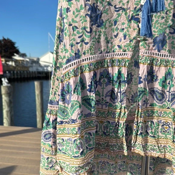 Blue and White Ruffled Midi Sundress with Plunge Neckline - Picture 5 of 16